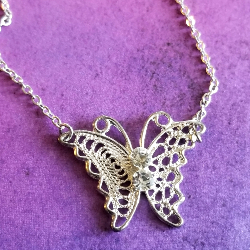 Dainty butterfly necklace filigree silver tone crystal insect bug moth